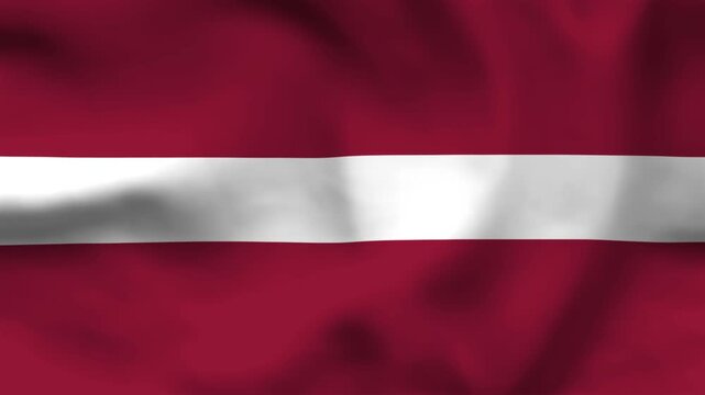 National flag of Latvia on wavy cloth. Features the unique carmine red and white horizontal bars. High-quality top-down shot for Baltic news, national holidays, and patriotic events