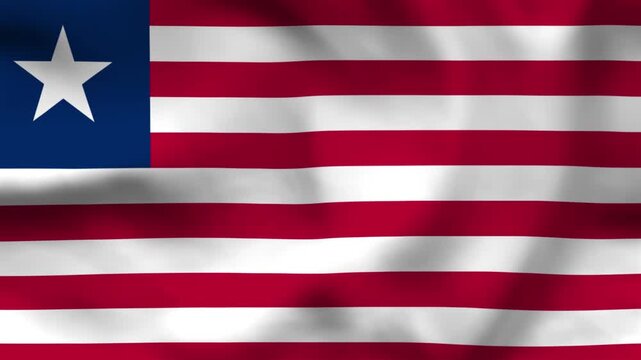 National flag of Liberia on wavy cloth. Features red and white horizontal stripes and a lone white star on a blue field. Top-down perspective for African news, history, and patriotic themes