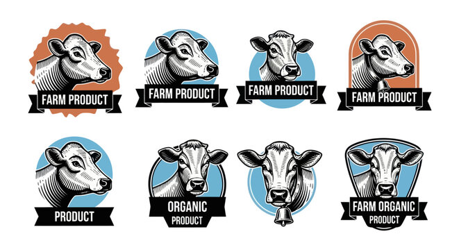 Various cow head logos with labels on a white background