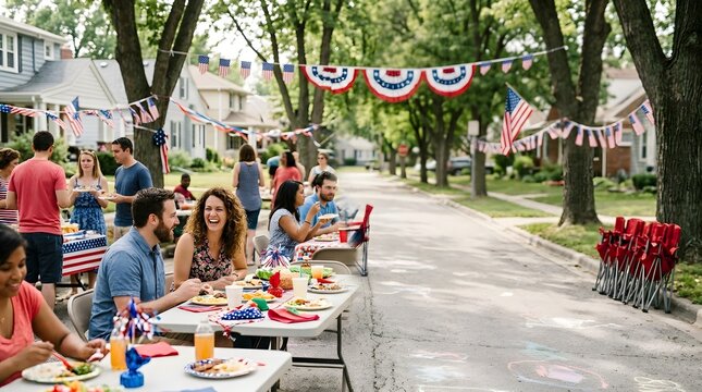 Diverse group of neighbors celebrating a summer block party with food and patriotic decorations on a suburban street