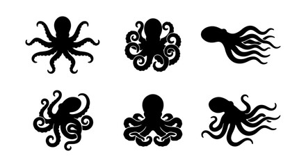 Black Octopus Silhouettes, Marine Life Icons, Nautical Vector Graphics, Seafood Design Elements © RONY