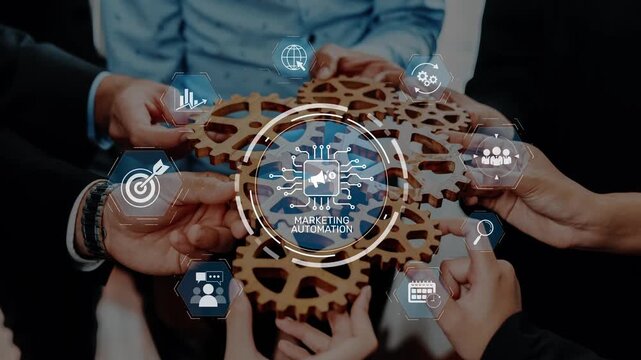 A dynamic illustration of hands holding gears, representing synergy in marketing automation. Icons symbolize collaboration and technology role in business success. Raster