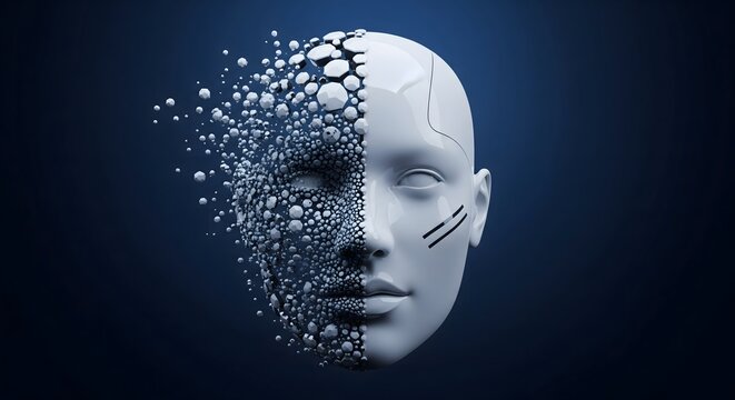 A digital representation of a humanoid face dissolving into metallic geometric spheres.
