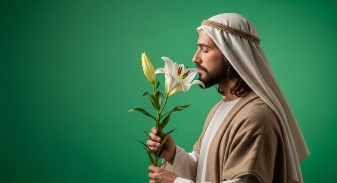 Jesus smelling a white lily flower on a green screen background with copy space: spiritual serenity and purity concept. Green digital background for chromakey.