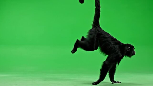 Black monkey standing on hind legs with tail up on green screen.