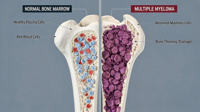 3D Medical Comparison Illustration of Normal Bone Marrow vs Multiple Myeloma, Labeled Diagram Showing Healthy Plasma Cells, Red Blood Cells, Abnormal Myeloma Cells and Bone Thinning Damage, Hematology
