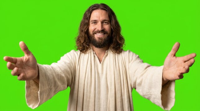 Jesus christ with outstretched arms in welcoming pose on green screen background. Green digital background for chromakey.