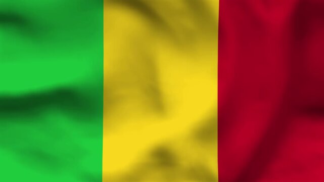 High-quality top-down view of the Mali flag on wavy cloth. Features vertical green, yellow, and red bars. Ideal for news, history, and national holiday projects.