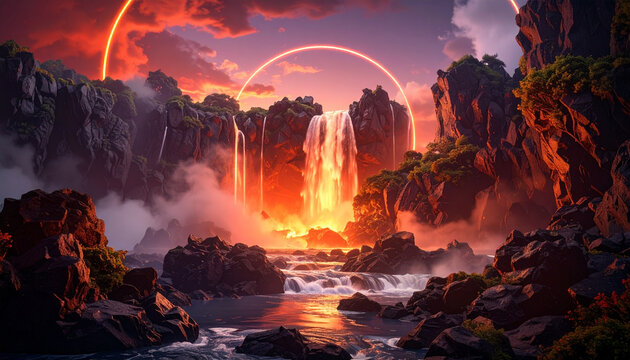 Waterfall landscape with vibrant rocks and misty atmosphere at sunset