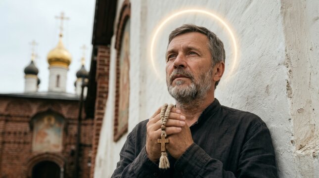 Man with a beard holding a rosary and looking up, with a glowing halo, in front of an orthodox church with golden domes