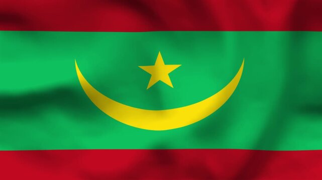 National flag of Mauritania on wavy cloth. Features a green field with red borders and a golden crescent. Professional top-down shot for national holiday designs and news.