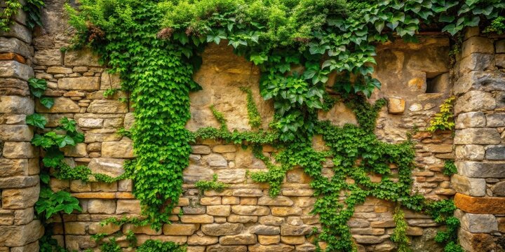 Lush Green Vines Cascading Over an Ancient Stone Wall, a Tapestry of Nature and Time's Passage