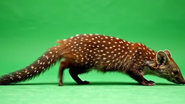 A beautiful spotted genet with brown fur and white spots walks gracefully on a vibrant green studio background.