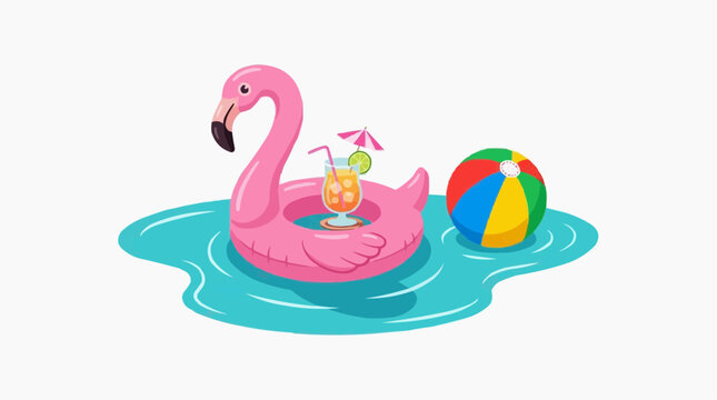 Summer vacation fun with a pink flamingo float and a colorful beach ball in blue water, with a refreshing drink. Isolated on white background