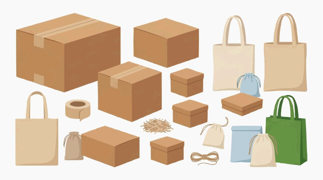 Collection of cardboard boxes, paper bags, and drawstring pouches for packaging and shipping Isolated on white background