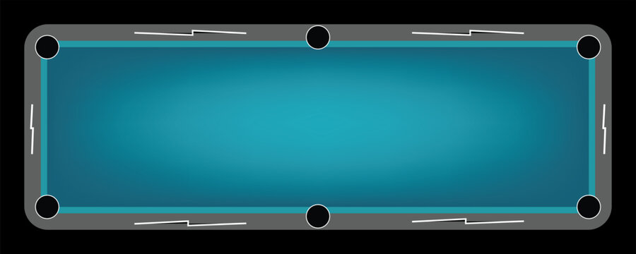 Modern blue billiard table illustration from above. Top view of a professional pool table with teal felt and gray frame.