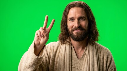 Naklejka premium Jesus making the peace sign against a green background. A religious figure symbolizing harmony and victory. A spiritual figure with a friendly expression. Digital green screen for chroma key.
