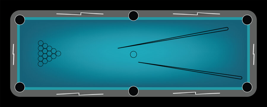 Teal billiard table top view featuring pool cues and racked balls in a triangle. Professional snooker table setup for a new game.
