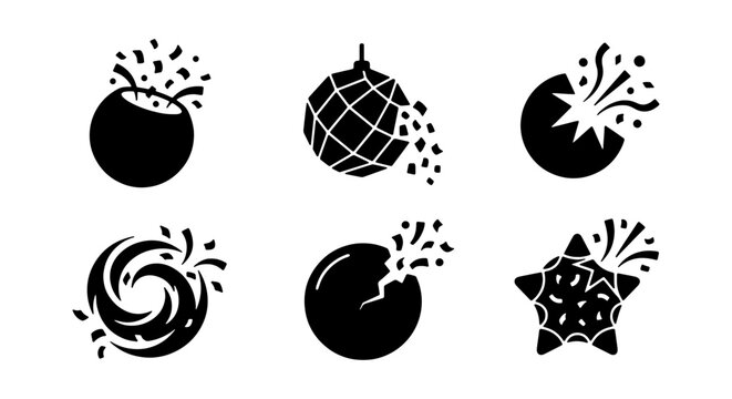 Celebration Icons: Disco Ball, Confetti Burst, Party Sphere, Abstract Explosion, Festive Elements