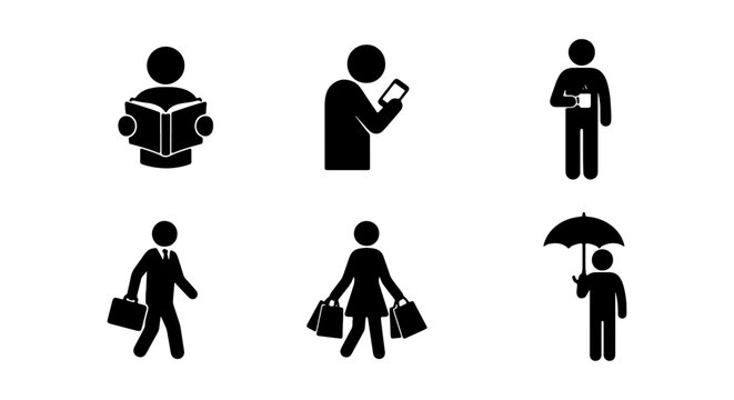 Stick Figure Icons: Reading, Mobile Use, Coffee, Walking, Shopping, Umbrella, Vector Set