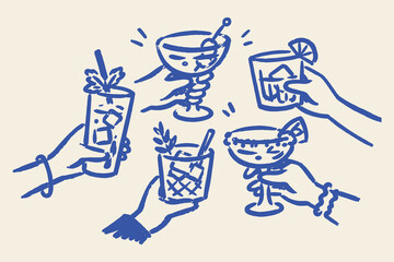 Hands Holding Cocktails Doodle Sketch Vector Illustration © Victoria