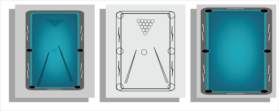 Vector set of billiard table icons in various styles. Includes full color, line art, and minimalist top view designs of a pool table.