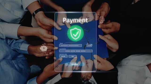 A collaborative scene showcasing hands working on a secure online payment process illustrated with digital elements and payment interface options in a modern business setting. Raster