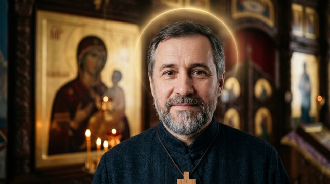 Portrait of a bearded orthodox priest with a halo over his head, standing inside a beautiful church