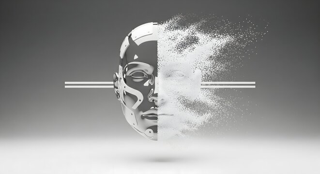 A conceptual illustration of a human face transitioning into a robotic head with digital particles.