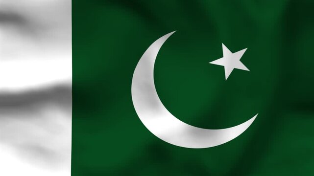 National flag of Pakistan on wavy cloth. Features a green field with a white stripe, crescent, and star. Professional top-down shot for news and independence day events.