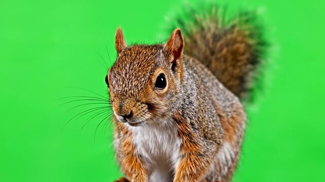 A close-up shot of a cute grey squirrel with a bushy tail looking forward against a vibrant green background.