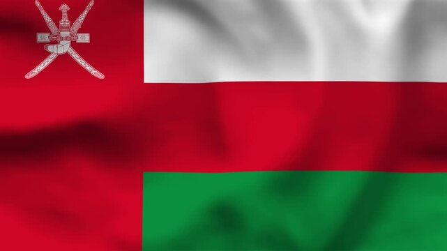 National flag of Oman on wavy cloth. Features white, red, and green stripes with the white khanjar emblem. Top-down view for news and national holidays.