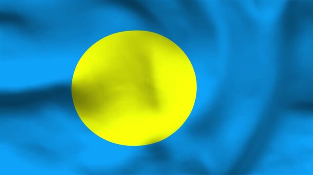 National flag of Palau on wavy cloth. Features a yellow circle on a sky blue field. Top-down view for island travel, news, and national celebrations.