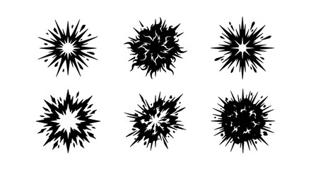 Explosion Burst Icons, Comic Style Starbursts, Dynamic Impact Shapes, Black and White Graphic Elements © RUBAL