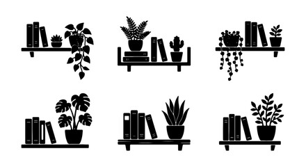 Black Silhouette Bookshelves with Potted Plants, Minimalist Home Decor Vector Set © RUBAL