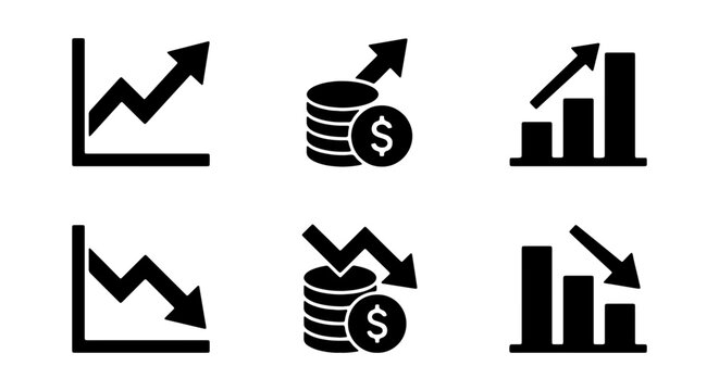 Financial Growth and Decline Icons: Upward and Downward Trends, Investment, Data Analysis