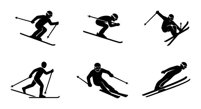 Skiing Silhouette Icons Set: Dynamic Winter Sports Action Poses, Vector Graphics for Snow Adventure