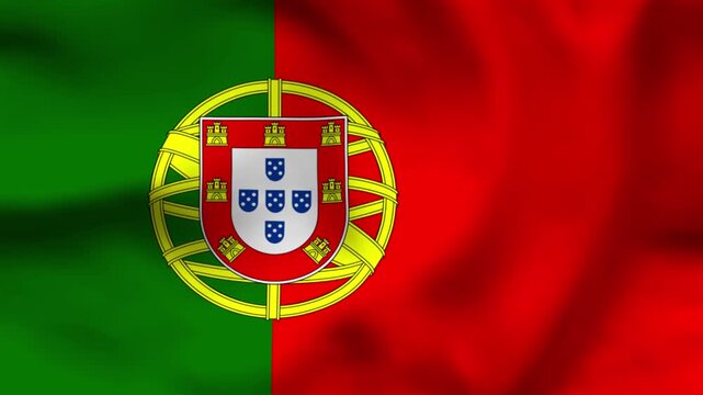 National flag of Portugal on wavy cloth. Features vertical green and red panels with the armillary sphere and shield. Professional top-down view for national holidays and news.