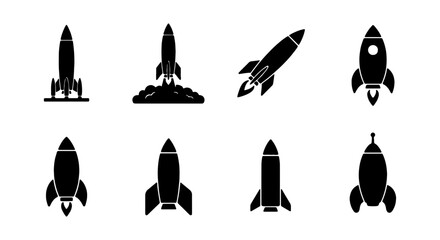 Rocket Ship Icons Set, Space Exploration Vector Graphics, Futuristic Launch Symbols, Sci-Fi Blast Off Collection © RUBAL