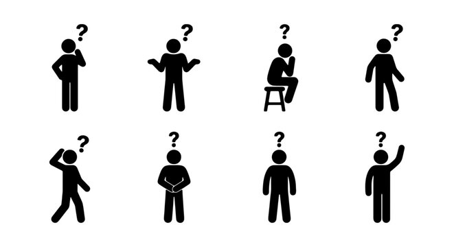 Question Mark Stick Figures, Pondering Poses, Confusion Icons, Thinking Silhouettes, Doubt Symbols, Inquiry Graphics