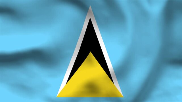 National flag of Saint Lucia on wavy cloth. Features a blue field with central black, white, and gold triangles. Professional top-down view for Caribbean island themes.