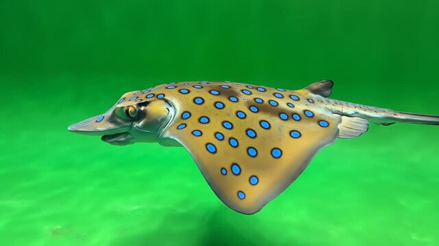 A vibrant blue-spotted stingray gracefully glides through clear, shallow green ocean water, showcasing its unique pattern.