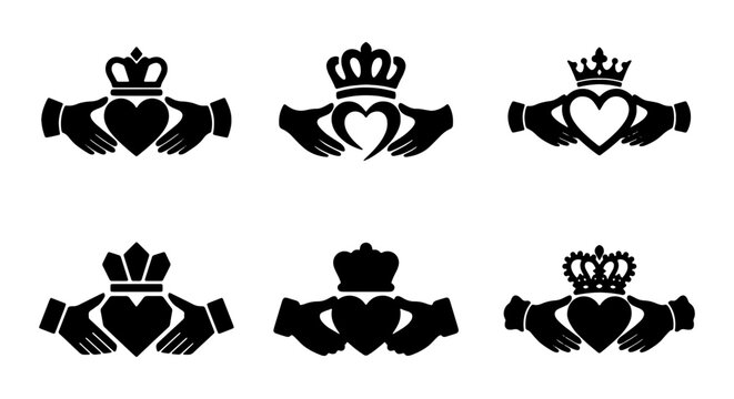 Claddagh Symbols Set, Irish Love Loyalty Friendship Icons, Crown Heart Hands Vector Graphics