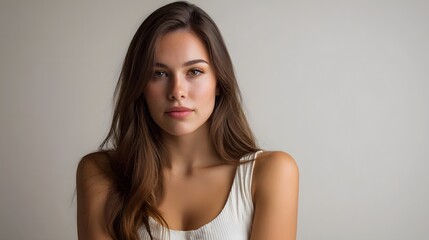 Fototapeta premium Elegant portrait of a young woman with long hair wearing a simple white top in soft studio lighting