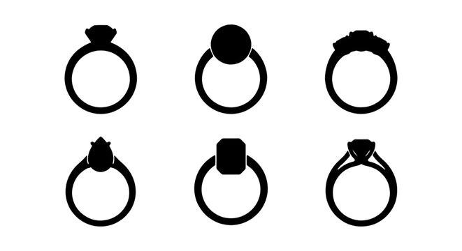 Six Black Ring Icons, Jewelry Symbols, Engagement & Wedding Ring Graphics, Vector Set