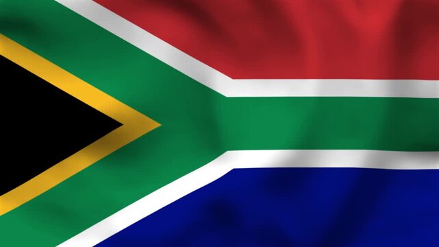 National flag of South Africa on wavy cloth. Features green, black, gold, white, red, and blue colors. Professional top-down perspective for national news, sports, and independence events.