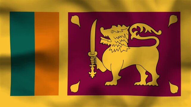 National flag of Sri Lanka on wavy cloth. Features the golden lion with a sword and colorful borders. Professional top-down shot for Asian culture and independence day celebrations.