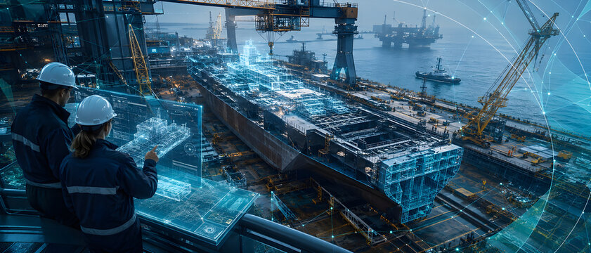 Digital Twin Shipyard Construction &ndash; Engineers Monitoring Vessel Assembly with Holographic Blueprint Interface