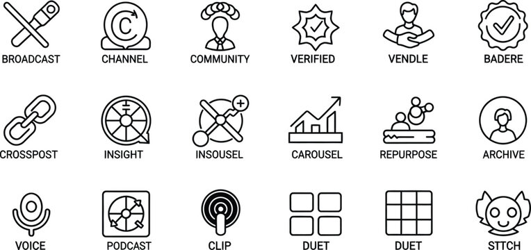 Professional black line icon set for social media marketing featuring audience analytics digital engagement viral growth campaign tracking and community interaction symbols