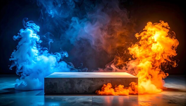 Stone platform illuminated by dynamic blue & orange smoke, creating a dramatic & ethereal visual